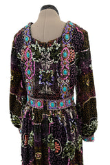 Amazing 1970s Valentina Inc. Elaborate Sequin & Bead on Printed Felt Dress