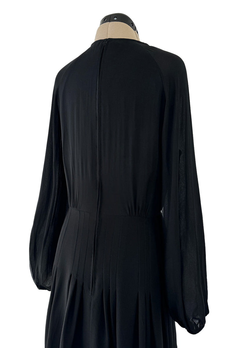 Classic 1970s Michael Novarese Black Silk Chiffon Dress w Balloon Sleeves & Pleating Details