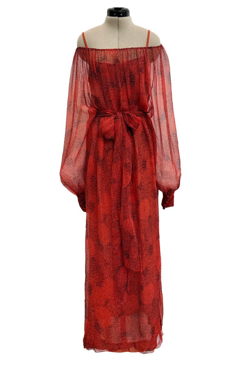 1970s Christian Dior by Marc Bohan Deep Coral Silk Chiffon Caftan Dress w Sash