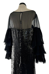 Killer 1980s Louis Feraud Black Sequin Dress w Amazing Tiered Silk Chiffon Sleeves