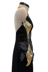 c.1973 Loris Azzaro Backless Black Jersey Dress w Gold & Black Sequin Flame Halter Top