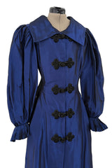 1980s Oscar de la Renta Iridescent Silk Taffeta Blue Coat or Dress w beaded Frog Knots