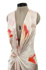 Beautiful 2010 Alexander McQueen Draped Silk Dress w Oversized Soft Floral Print & Deep Front Plunge