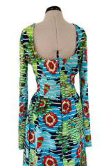 Prettiest c1972 Lanvin by Jules-Francois Crahay Printed Silk Jersey & Waffle Weave Low Back Dress