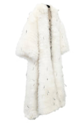 Amazing Vintage Unlabeled Full Length White Fluffy Feather Coat w Extra Wide Bell Sleeves