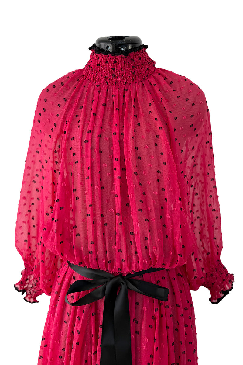 Recent Christian Dior Deep Pink Chiffon Dress w Black Dots & Gathered Neck