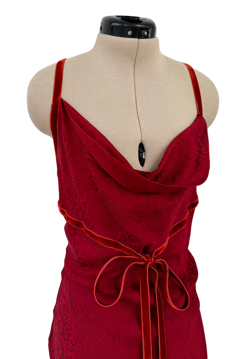 Fall 1999 John Galliano Deep Red Patterned Silk Bias Cut Backless Dress w Velvet Ribbon Details