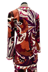 1960s Emilio Pucci Velvet Pink Purple & Brown Print Jacket & Flare Pant Suit Set