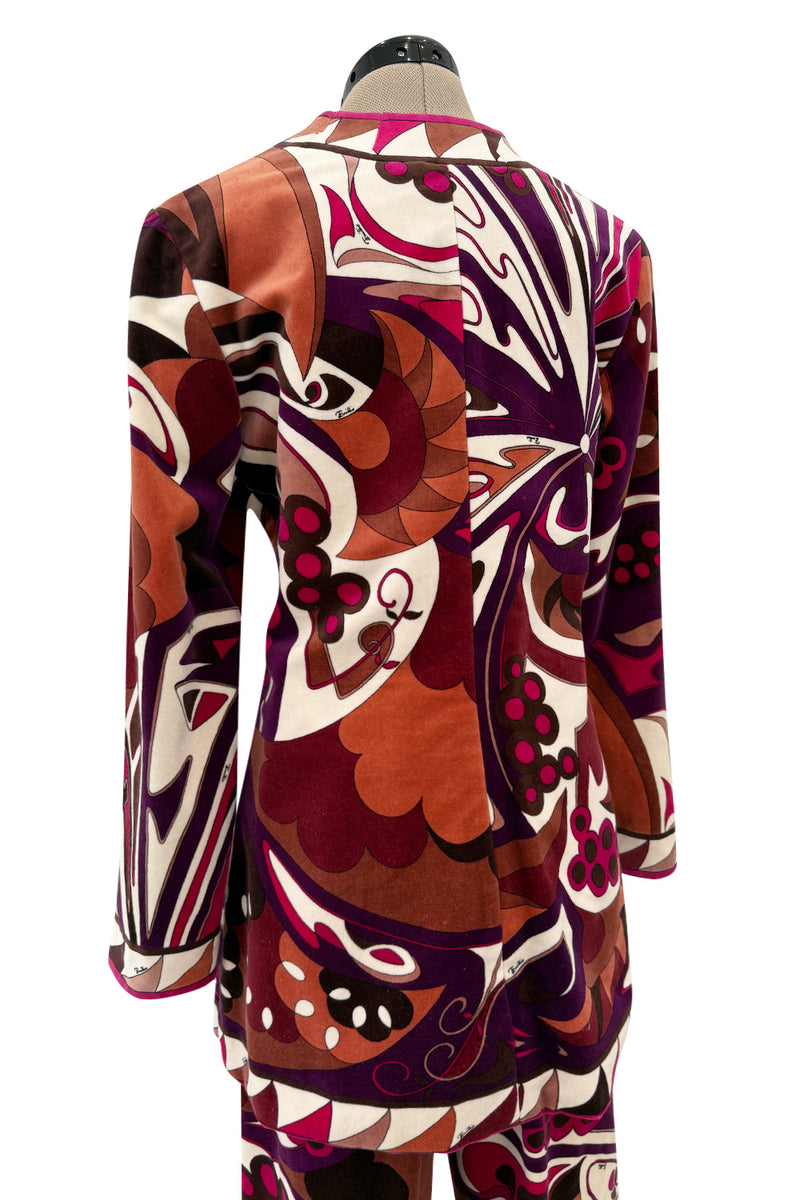 1960s Emilio Pucci Velvet Pink Purple & Brown Print Jacket & Flare Pant Suit Set