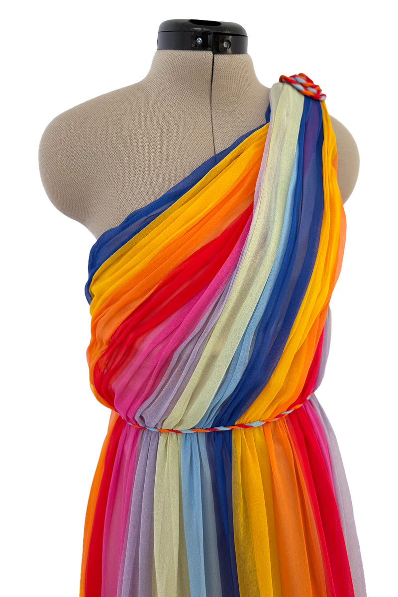 Resort 2019 Carolina Herrera by Wes Gordon Look 7 One Shoulder Rainbow Stripe Silk Chiffon Dress