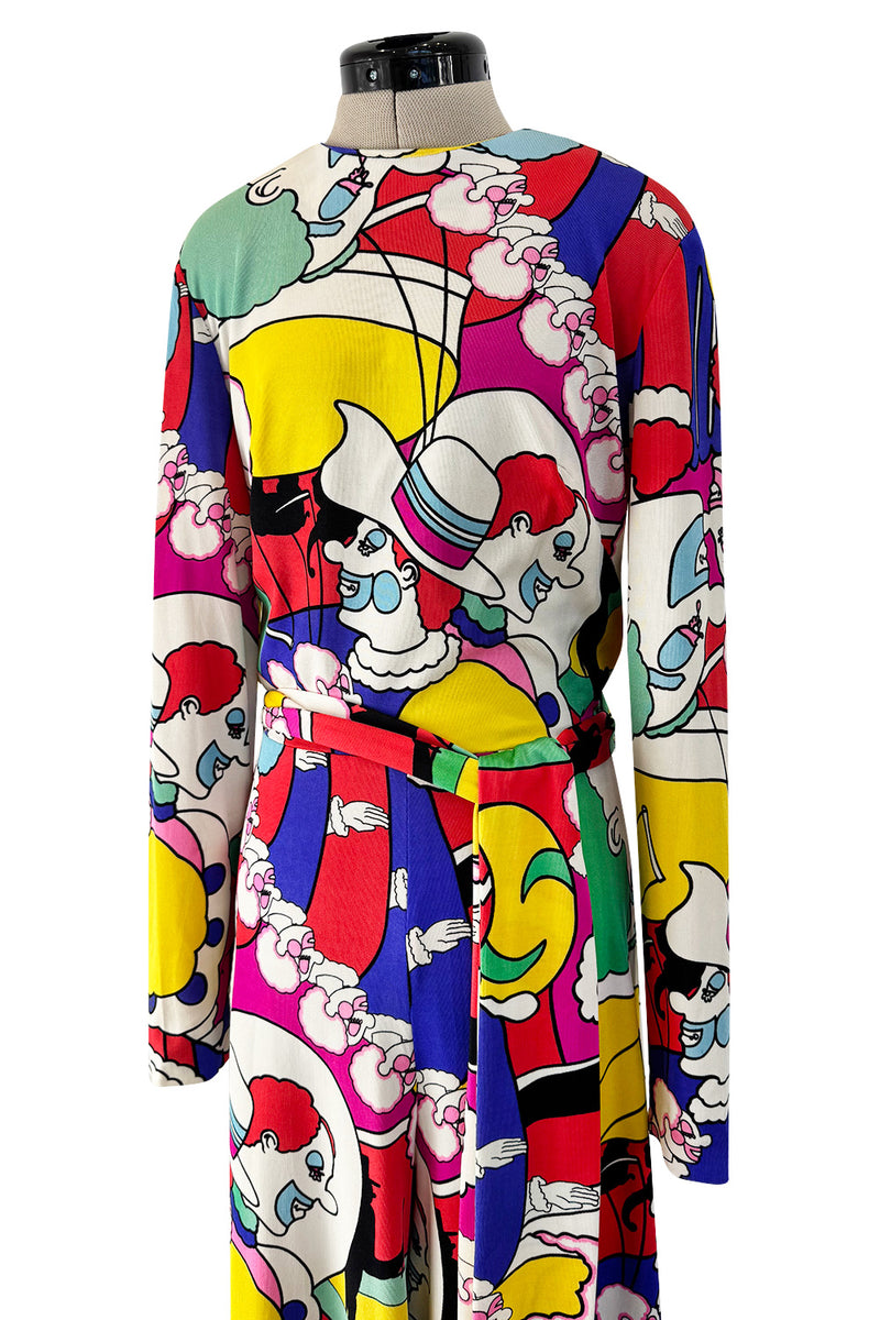 Incredible 1970s Lanvin by Jules-Francois Crahay Clown Print  Wide Leg Jersey Jumpsuit