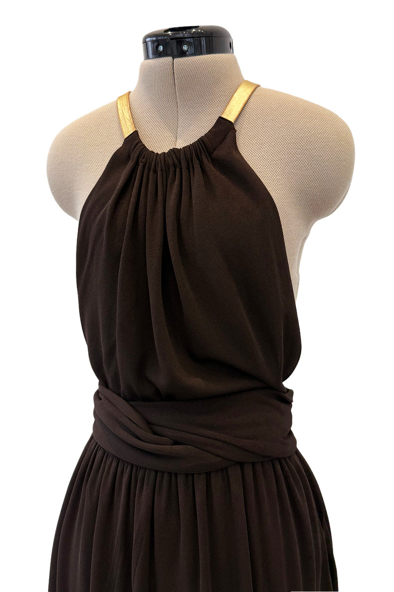 Fall 1975 Yves Saint Laurent Runway Brown Silk Jersey Backless Dress w Gold Leather Straps