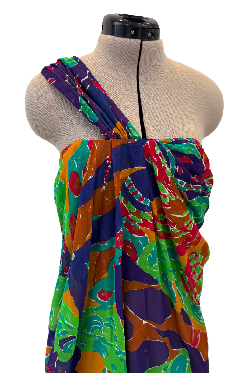 Prettiest Spring 1991 Yves Saint Laurent Runway Printed One Shoulder Easy to Wear Dress