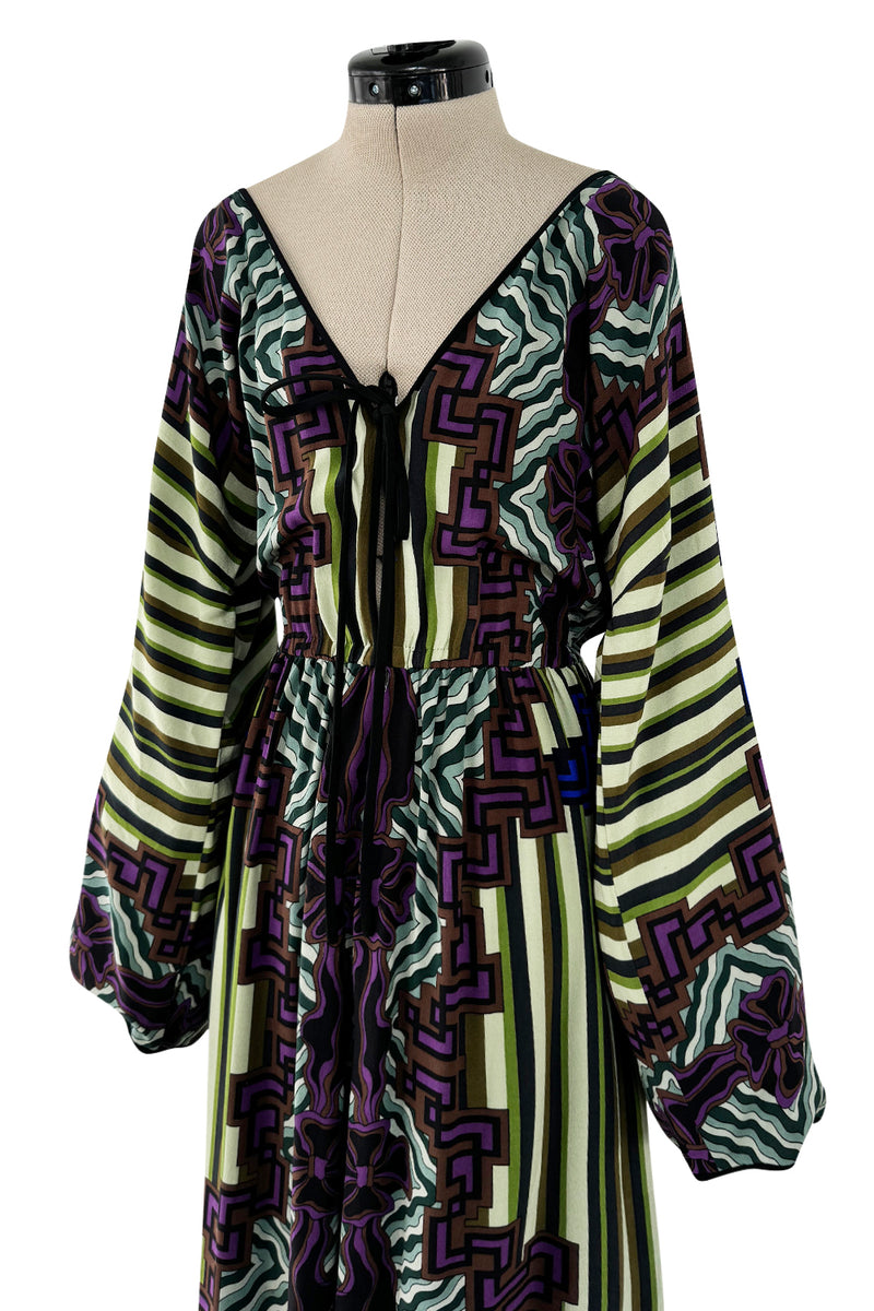 Late 1970s James Galanos Silk Chiffon Printed Jumpsuit w Wide Legs & Plunge Front