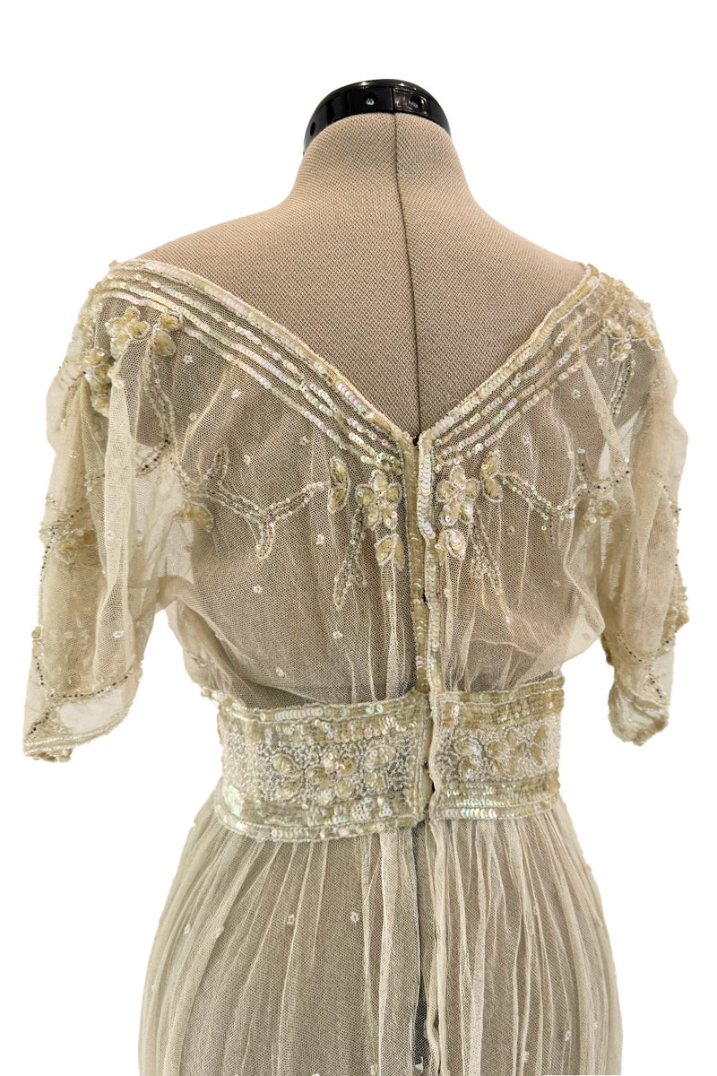 Beautiful 1910 Unlabeled Heirloom Ivory Net Wedding Dress w Elaborate Sequin & Bead Work