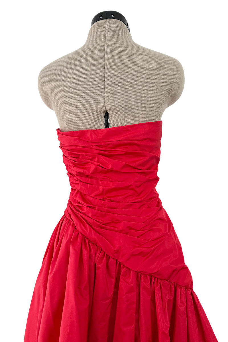 Late 1970s Unlabeled Strapless Red Silk Dress w Gathered Bodice & Full Skirt