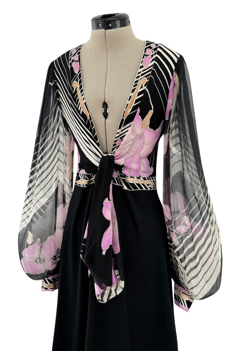 Prettiest 1970s Leonard Paris Printed Silk & Black Jersey Dress w Plunge Front