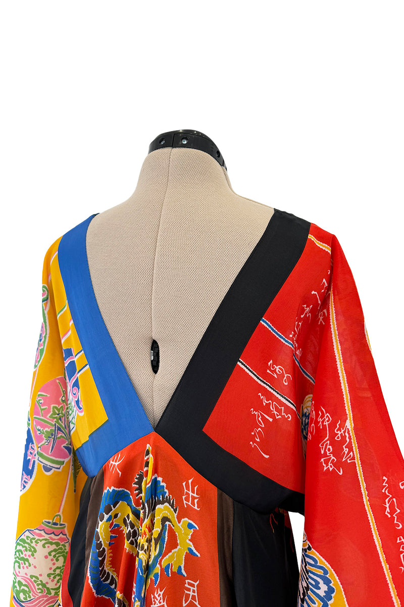 Iconic 1972 LaVetta Multi Scarf Printed Silk Caftan Dress w Wide Sleeves