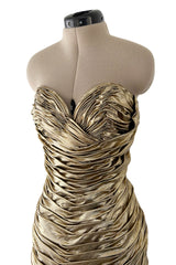 Outstanding 1984 Vicky Tiel Couture Metallic Gold Lame Gathered & Draped Strapless Dress