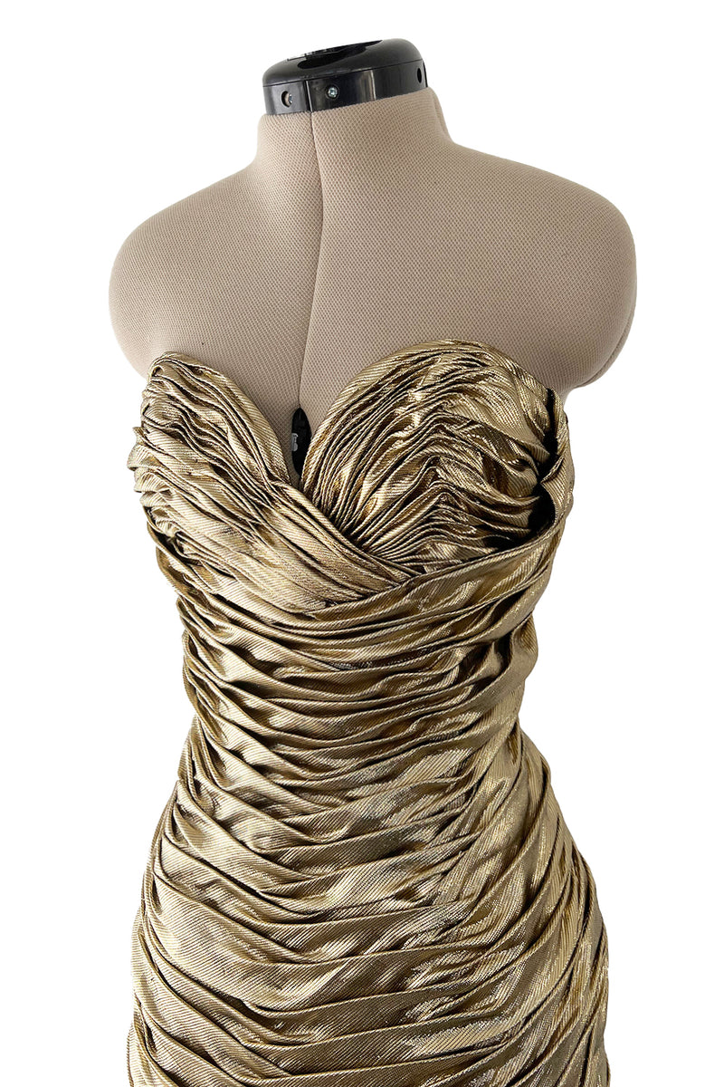 Outstanding 1984 Vicky Tiel Couture Metallic Gold Lame Gathered & Draped Strapless Dress