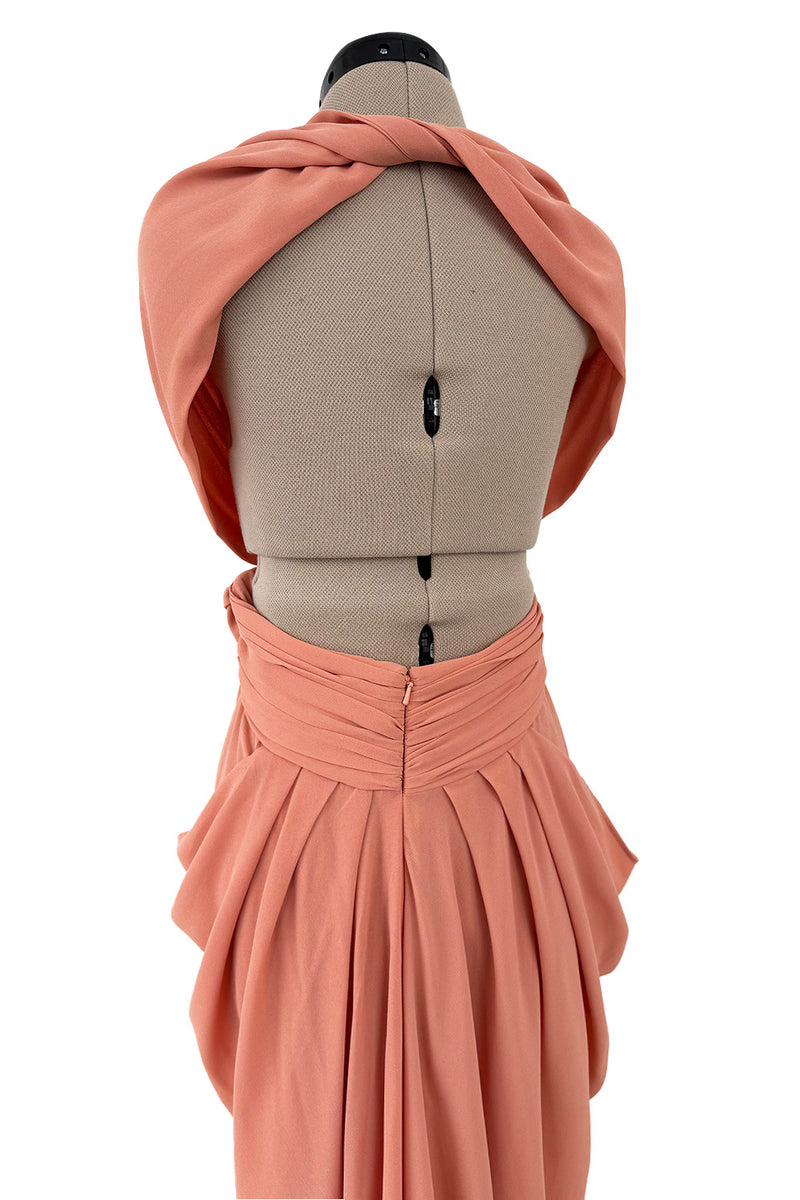 1990s Gianni Versace Pale Pastel Salmon Silk Crepe Wrapped Bodice & Bare Back Dress