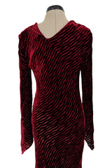 Fall 1994 Karl Lagerfeld Runway Deep Red Cut Velvet Bias Cut Dress w Angled Hem