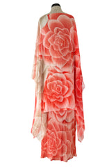 Beautiful Spring 1978 Hanae Mori Floral Print Silk Chiffon Dress & Cape Overlay