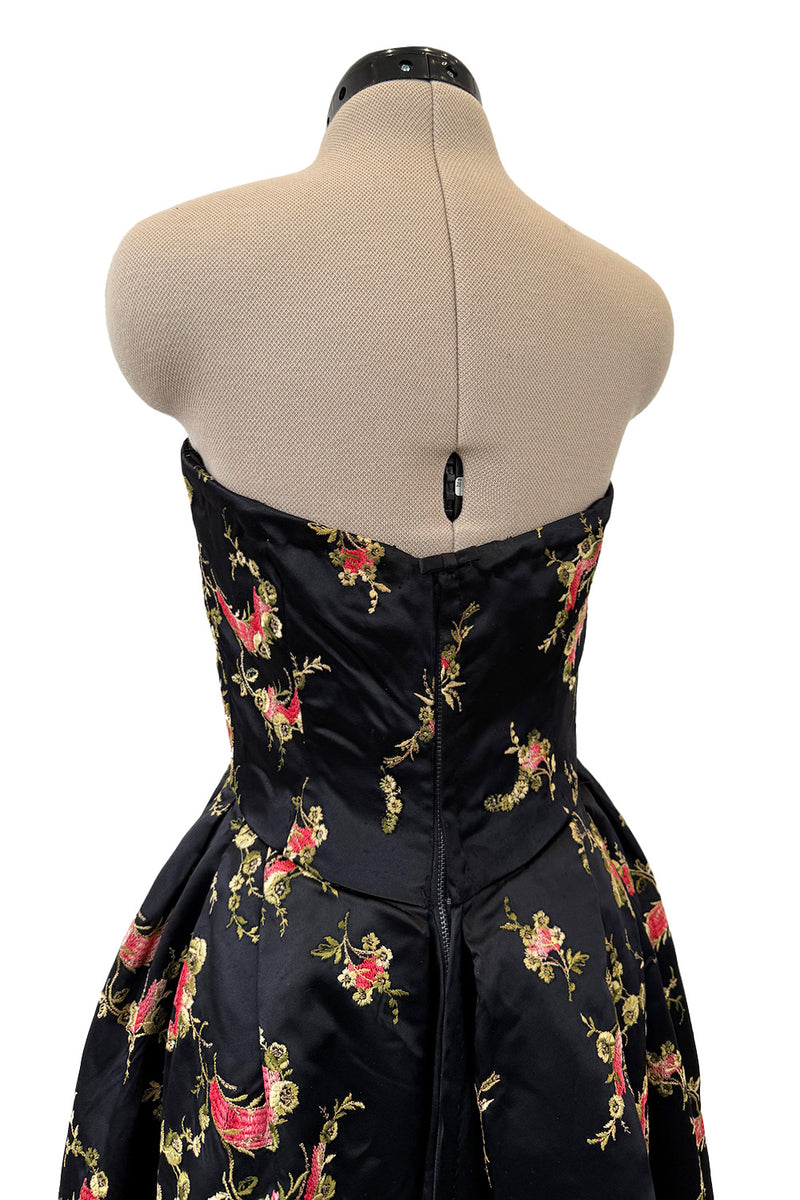 Dreamy 1960s Unlabeled Strapless Black Dress w Front Pink Panel &  Floral Embroidery