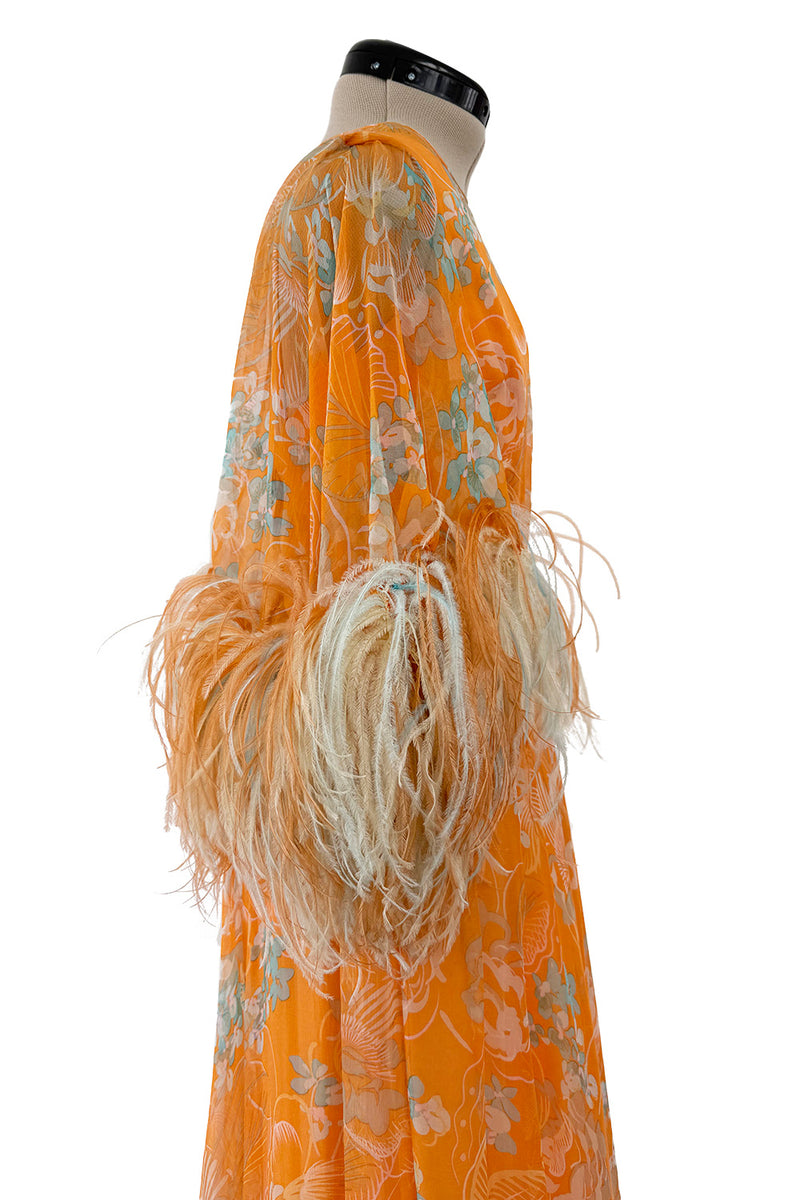 Exquisite 1960s Harry Algo printed Peach Silk Chiffon Dress w Feather Detailing