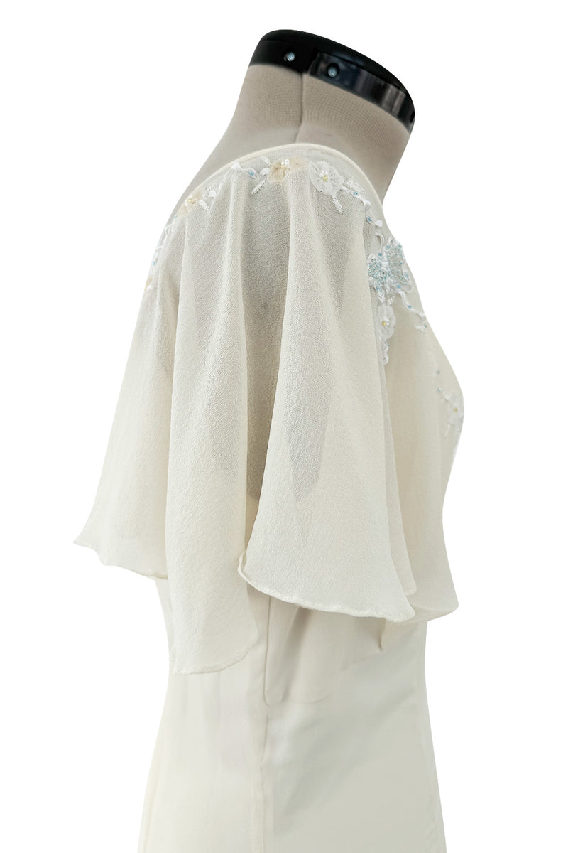 Pretty 2000s Blumarine Sposa Ivory Cape Sleeve Wedding Dress w Train & Emrpoidery