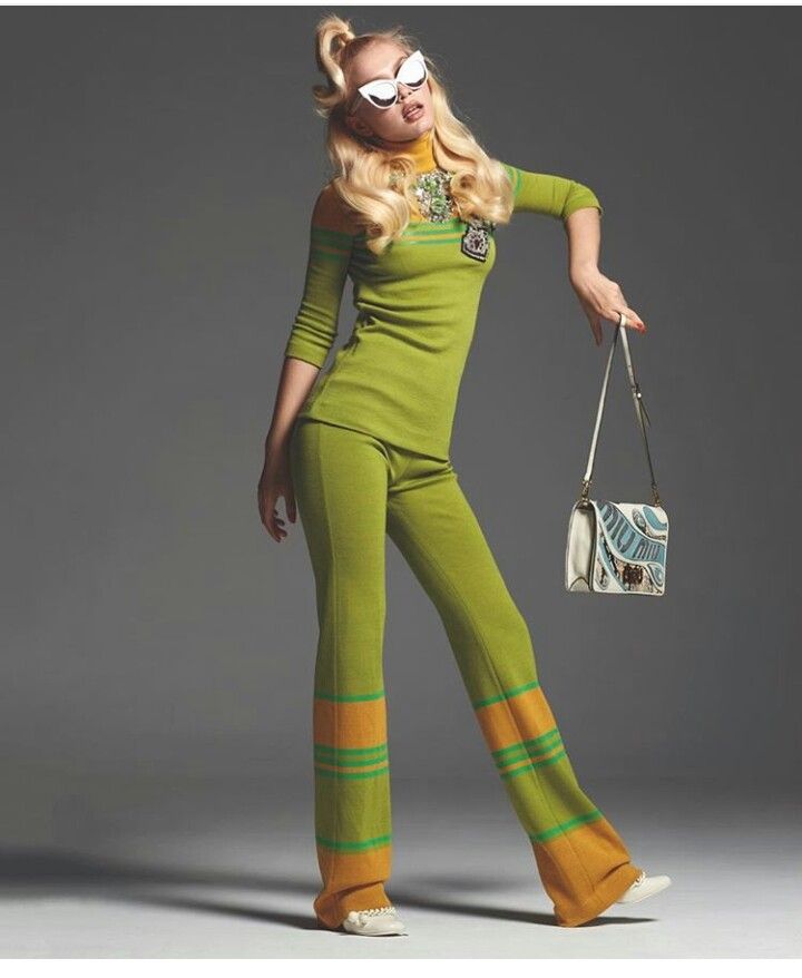 Fall 2017 Miu Miu Runway Look 13 Embellished Green Top, Belt & Pant Set