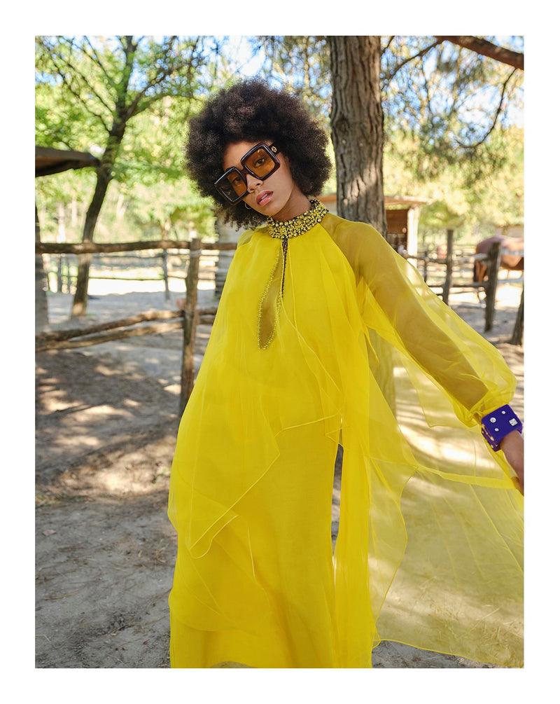 Prettiest Pre-Fall 2020 Gucci by Alessandro Michele Yellow Silk Dress Caftan w Jewel Collar & Front