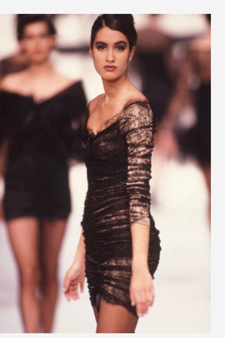 Remarkable Early 1990s Angelo Tarlazzi Black Stretch Mini Dress w Gold & Rhinestone Buttons