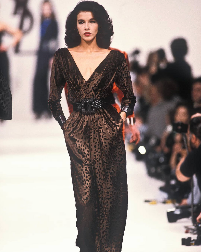 Gorgeous Fall 1986 Yves Saint Laurent Runway Plunge Silk Velvet Leopard Dress