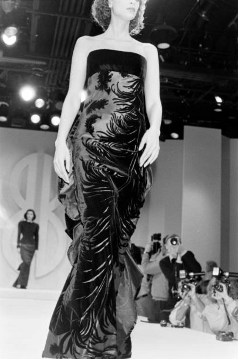 Incredible Fall 1987 Bill Blass Runway Deep Blue Silk & Black Velvet Dress w Back Bustles & Bows