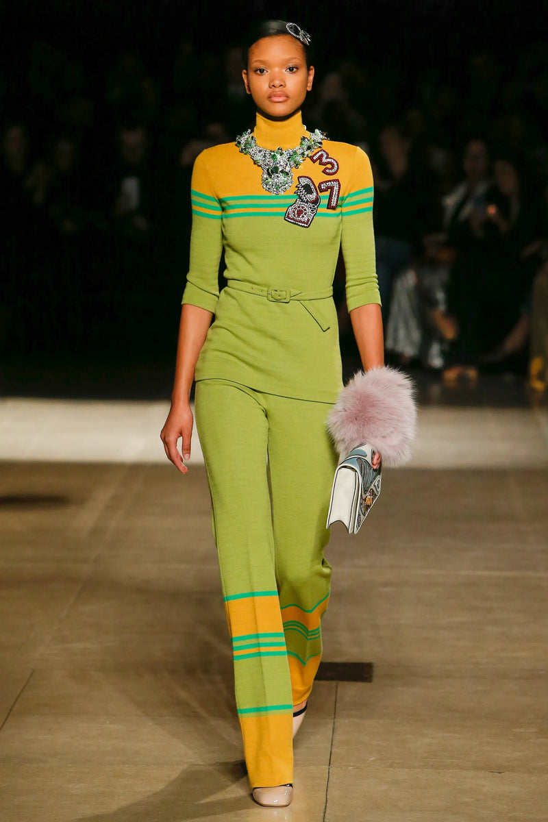 Fall 2017 Miu Miu Runway Look 13 Embellished Green Top, Belt & Pant Set