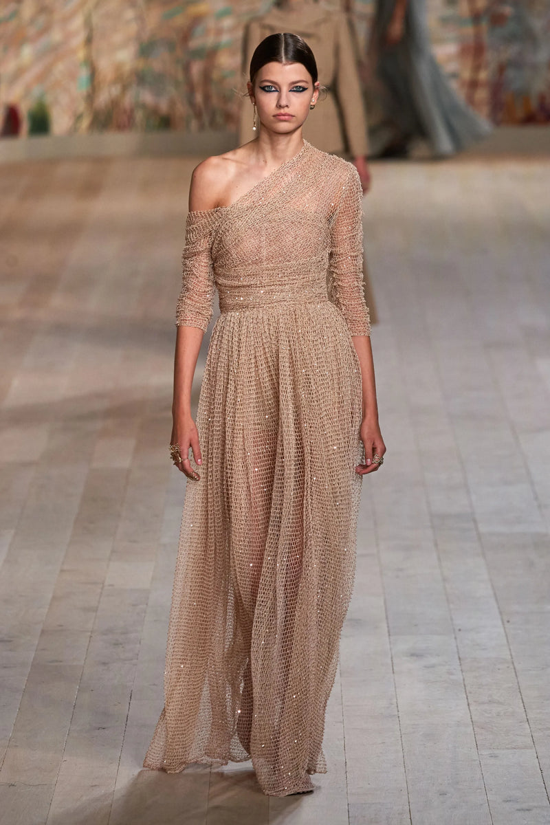 Fairy Tale Fall 2021 Christian Dior by Maria Grazia Chiuri Fine Gold Metallic Net Dress w Full Skirt