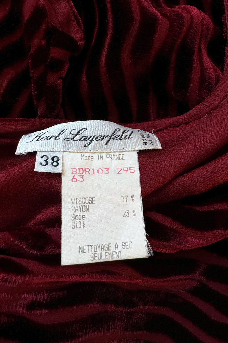 Fall 1994 Karl Lagerfeld Runway Deep Red Cut Velvet Bias Cut Dress w Angled Hem