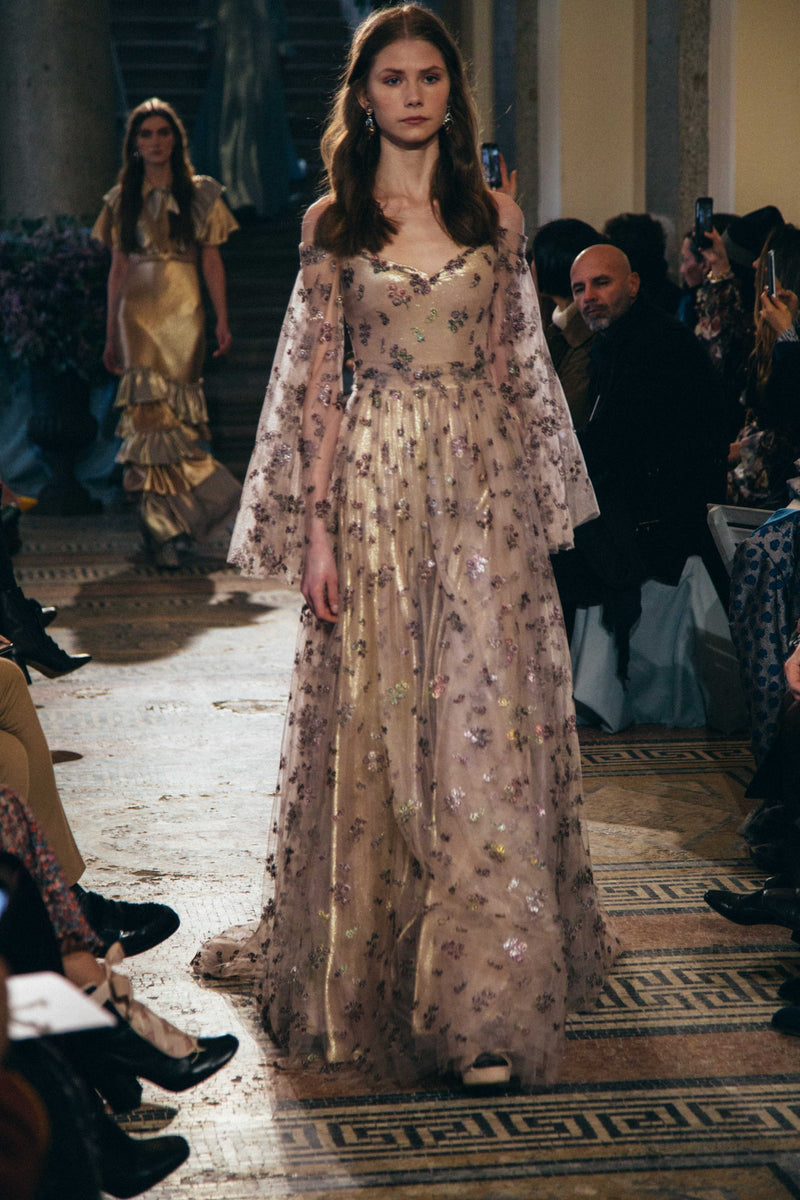 Dreamy Fall 2018 Luisa Beccaria Runway Embroidered Flower Dress w Gold Underskirts