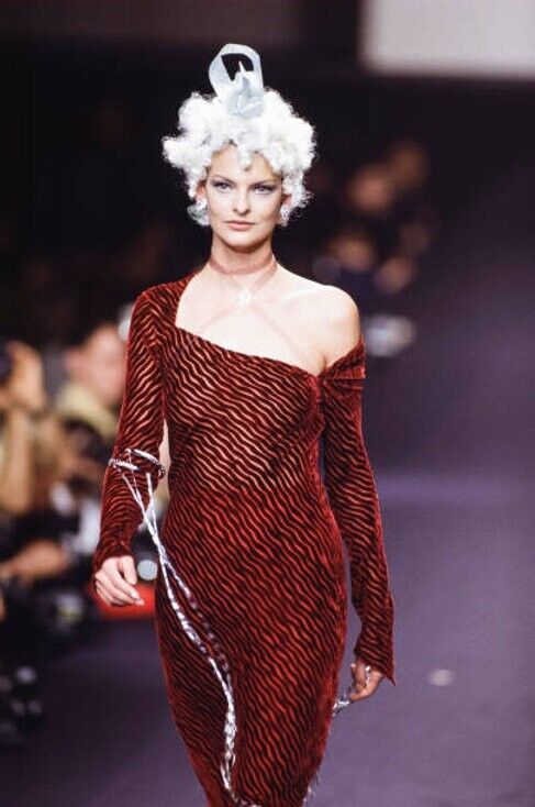 Fall 1994 Karl Lagerfeld Runway Deep Red Cut Velvet Bias Cut Dress w Angled Hem