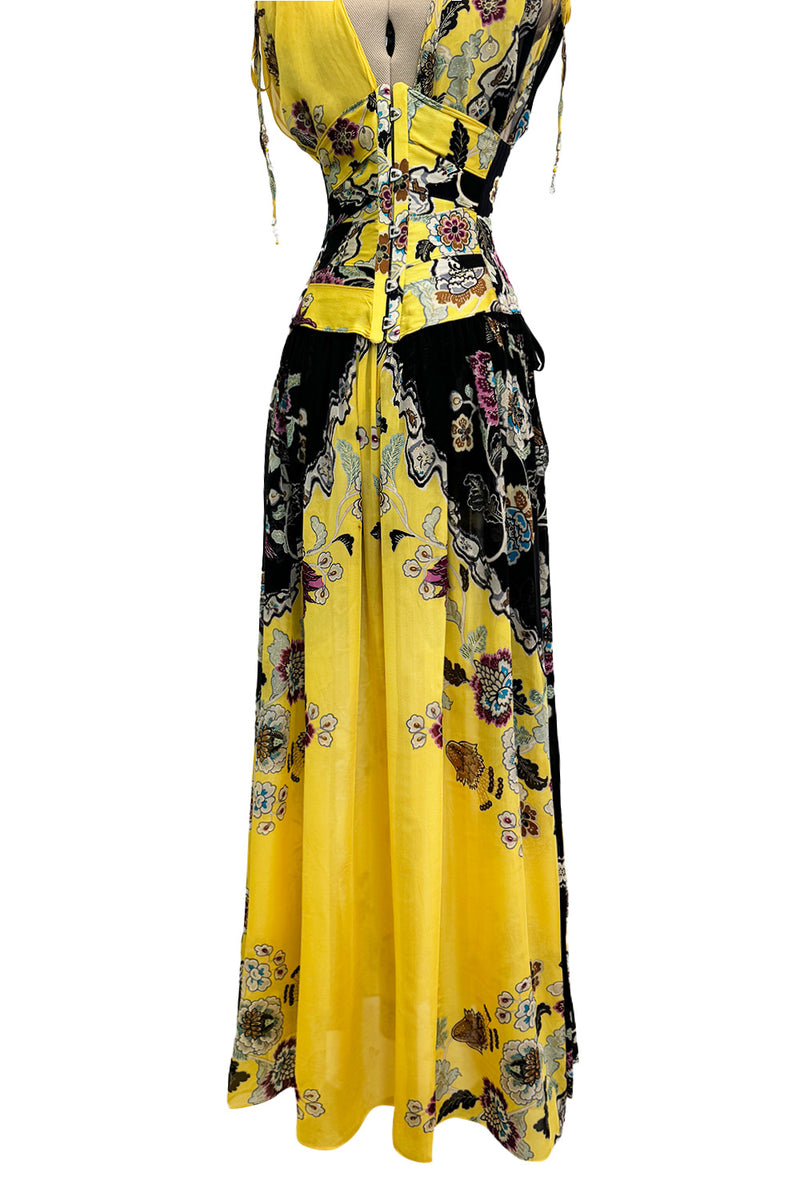 Incredible Spring 2003 Roberto Cavalli Light as Air Printed Silk & Silk Chiffon Maxi Skirt, Top & Corset Set