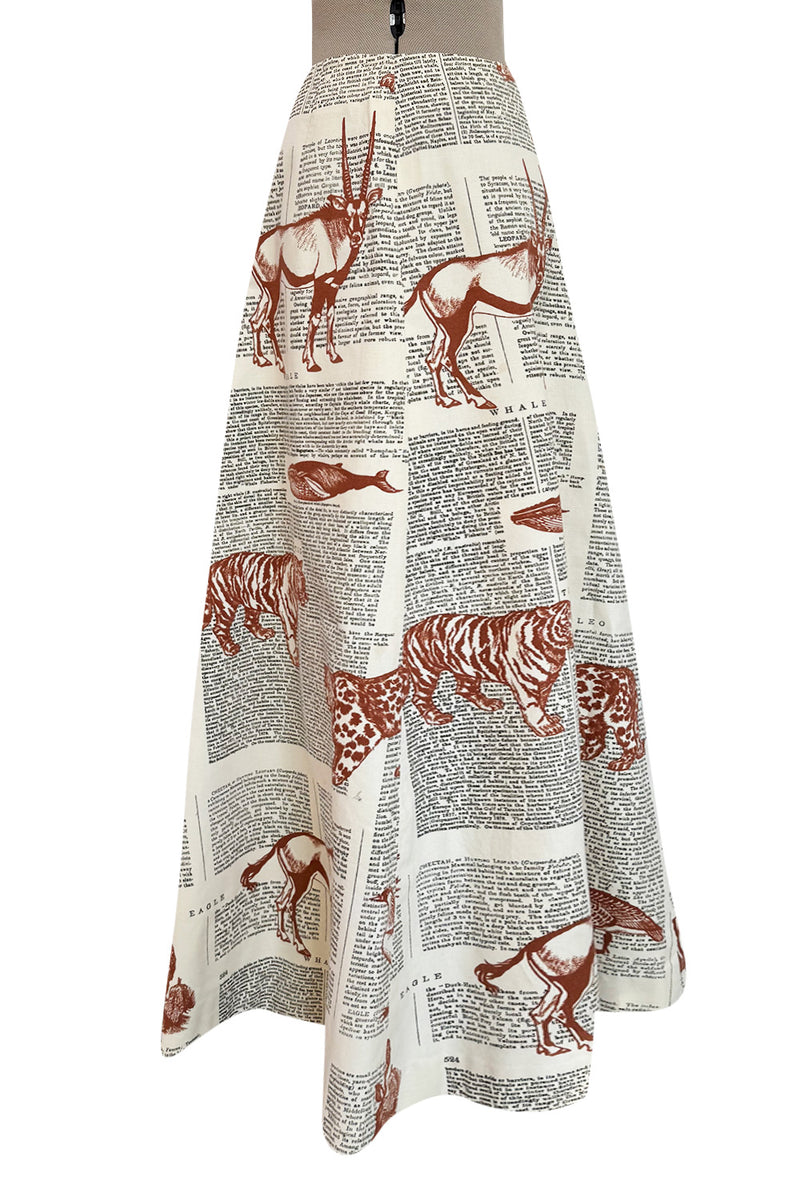 1970s Thea Porter WildLife & Text Printed Ivory Cotton Skirt & Halter Set