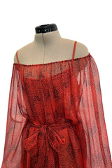 1970s Christian Dior by Marc Bohan Deep Coral Silk Chiffon Caftan Dress w Sash