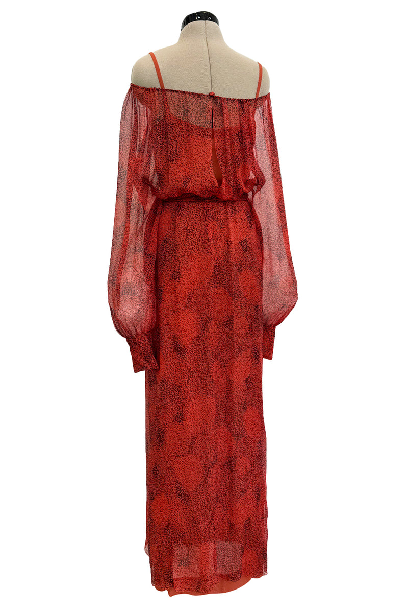 1970s Christian Dior by Marc Bohan Deep Coral Silk Chiffon Caftan Dress w Sash