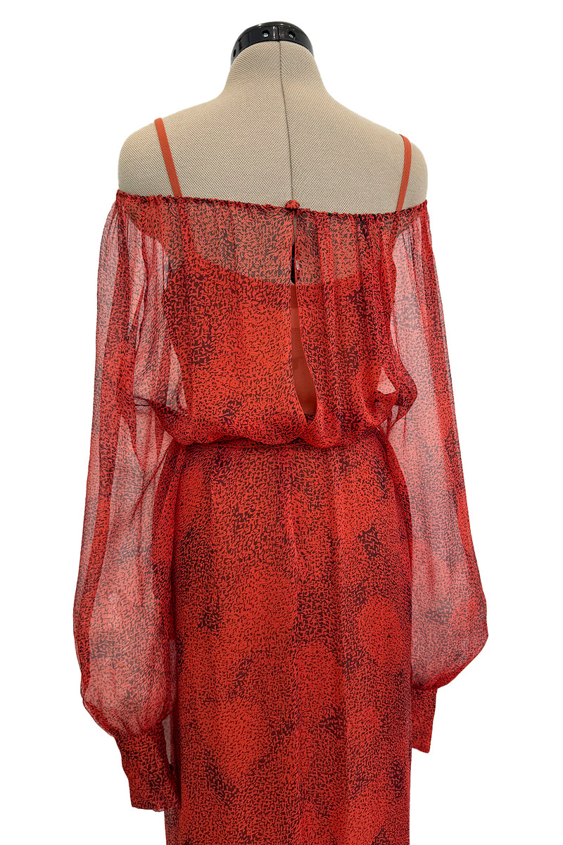 1970s Christian Dior by Marc Bohan Deep Coral Silk Chiffon Caftan Dress w Sash