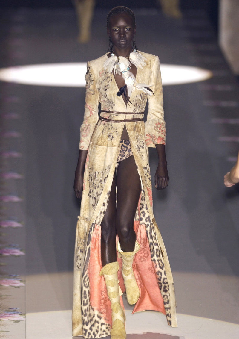 Extraordinary Spring 2002 Roberto Cavalli Runway Look 5 Hand Painted Distressed Suede Full Length Coat