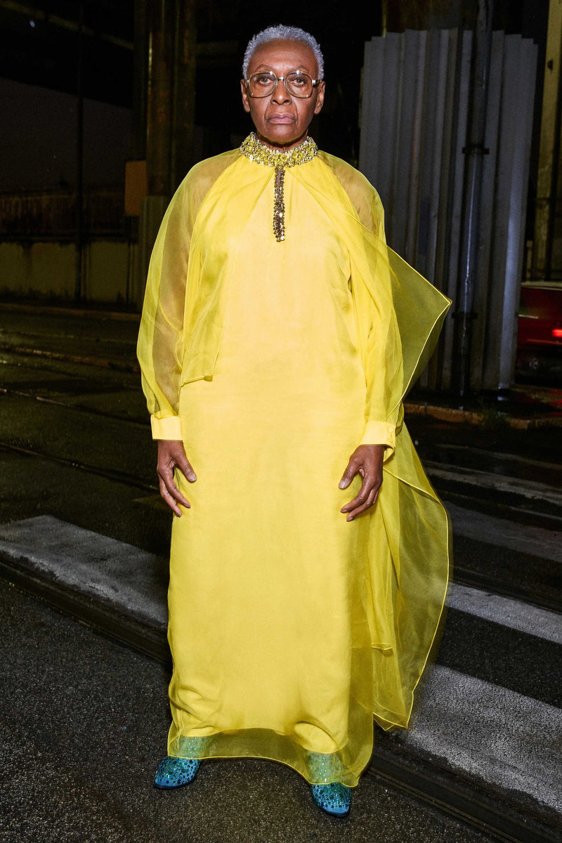 Prettiest Pre-Fall 2020 Gucci by Alessandro Michele Yellow Silk Dress Caftan w Jewel Collar & Front