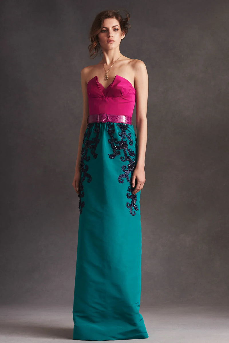 Resort 2016 Oscar de la Renta Look 34 Emerald Green & Pink Strapless Dress w Applique Work