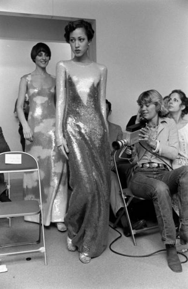 Iconic 1973 Halston Cloud Dress in Silver Grey & Ivory Covered with Iridescent Sequins