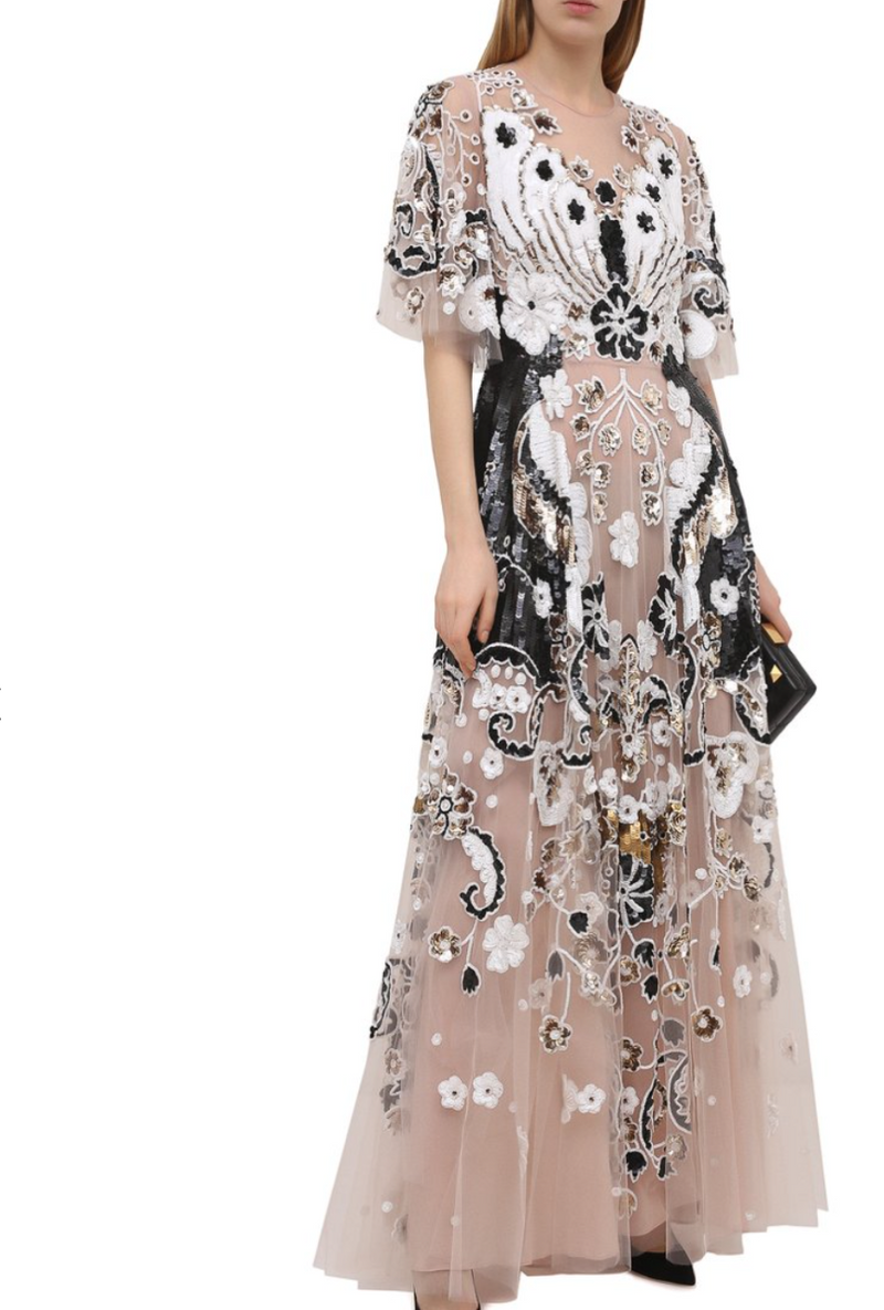 Resort 2021 Valentino by Pierpaolo Piccioli Gold, White & Black Sequin and Net Dress